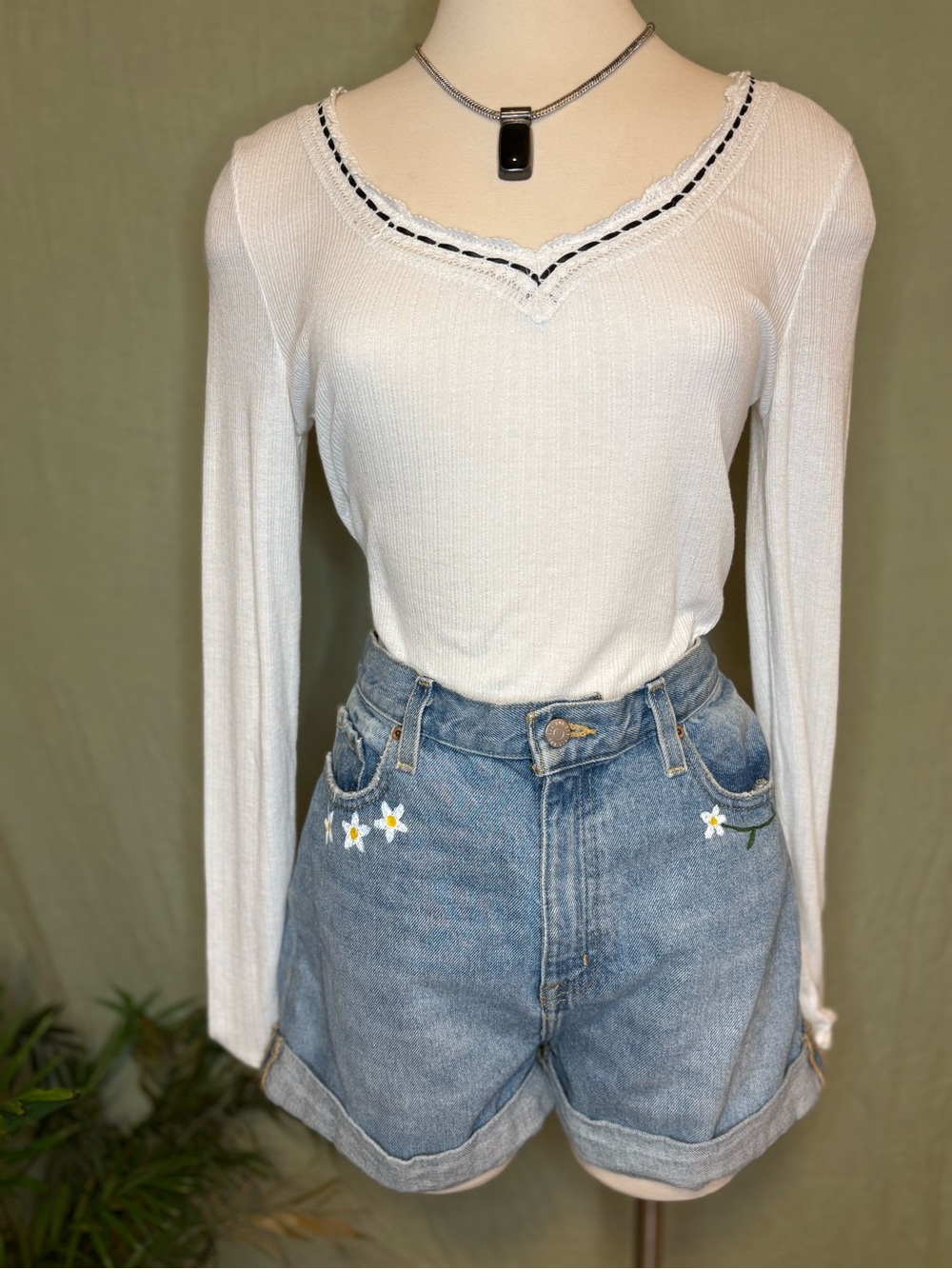 Free People White Pointelle Long-Sleeve Top with Black Trim #FairyCore